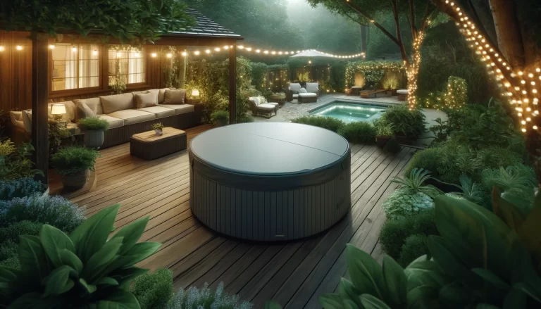 A cozy backyard featuring a hot tub with a sleek, new spa cover. The hot tub is on a wooden deck surrounded by lush greenery, fairy lights, and comfortable seating areas, creating a relaxing ambiance.