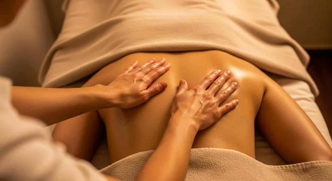 Therapist using long, flowing forearm strokes on a client’s back during a Lomi Lomi massage.