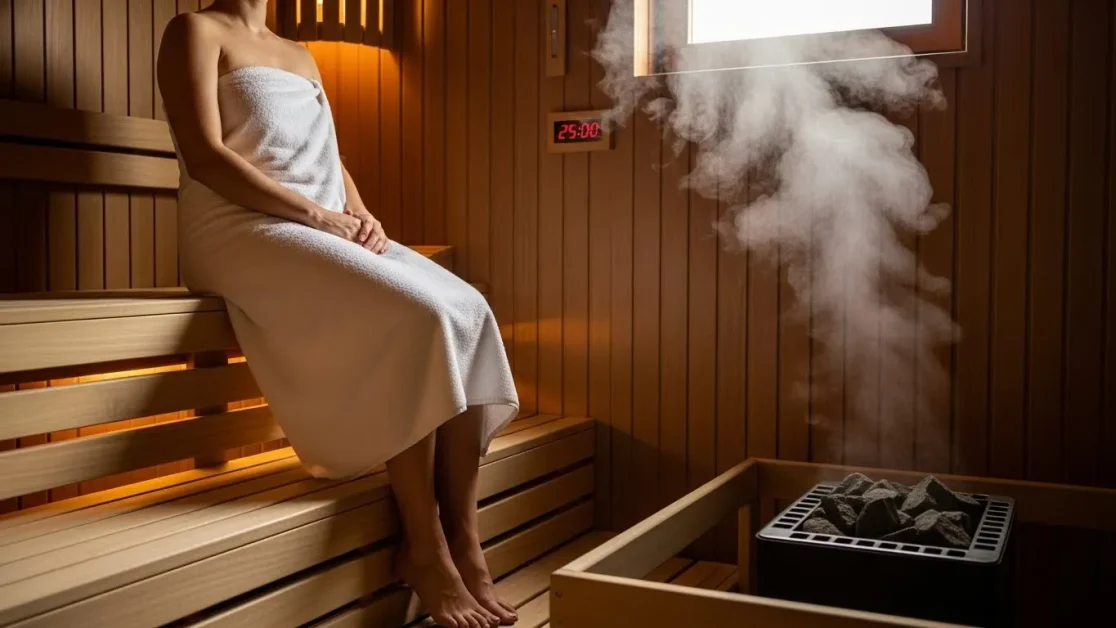Sauna Sessions and Waist Size, What Actually Changes Over Time 3 Person sitting calmly on a wooden sauna bench with light steam rising during a relaxing heat session.