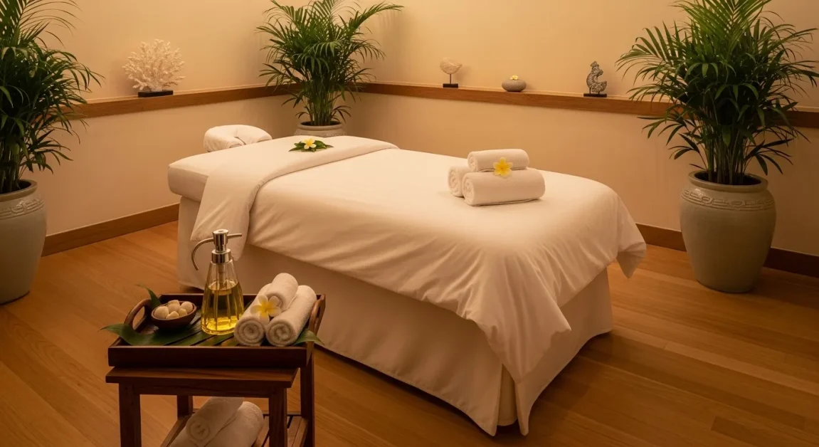 Hawaiian-inspired spa room with warm lighting, green plants, and massage essentials.