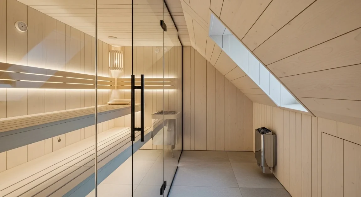Modern attic sauna with pale wood and glass door.