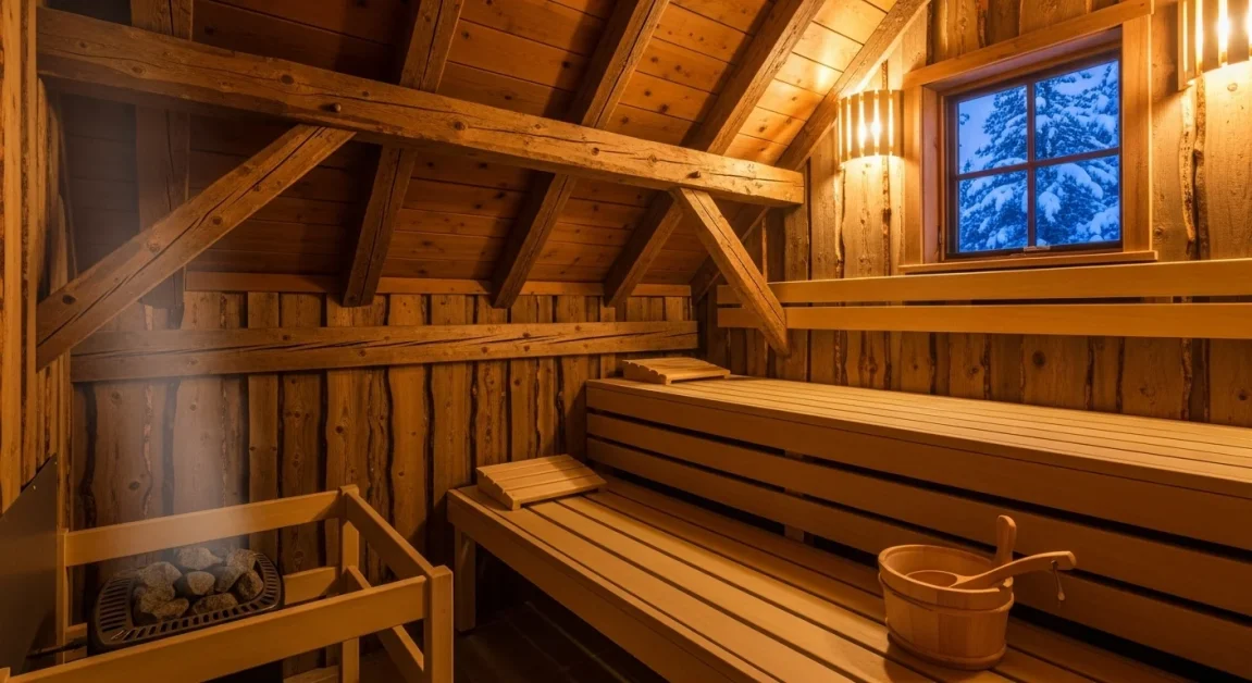Rustic attic sauna with cedar walls and exposed beams.