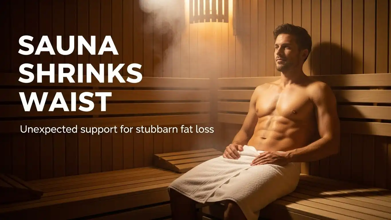 Person relaxing in a warm wooden sauna with steam and the title Sauna Shrinks Waist visible.