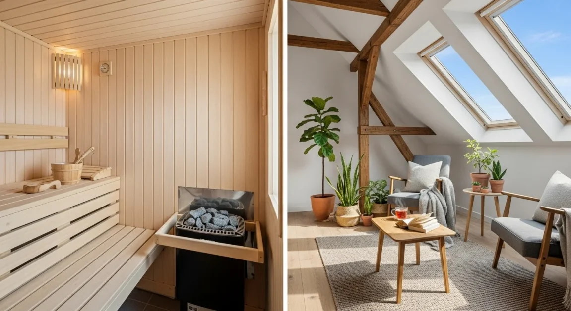 Attic sauna with adjacent lounge area and skylight.