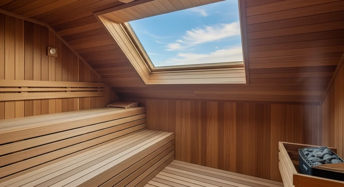 Attic sauna with skylight above cedar benches.