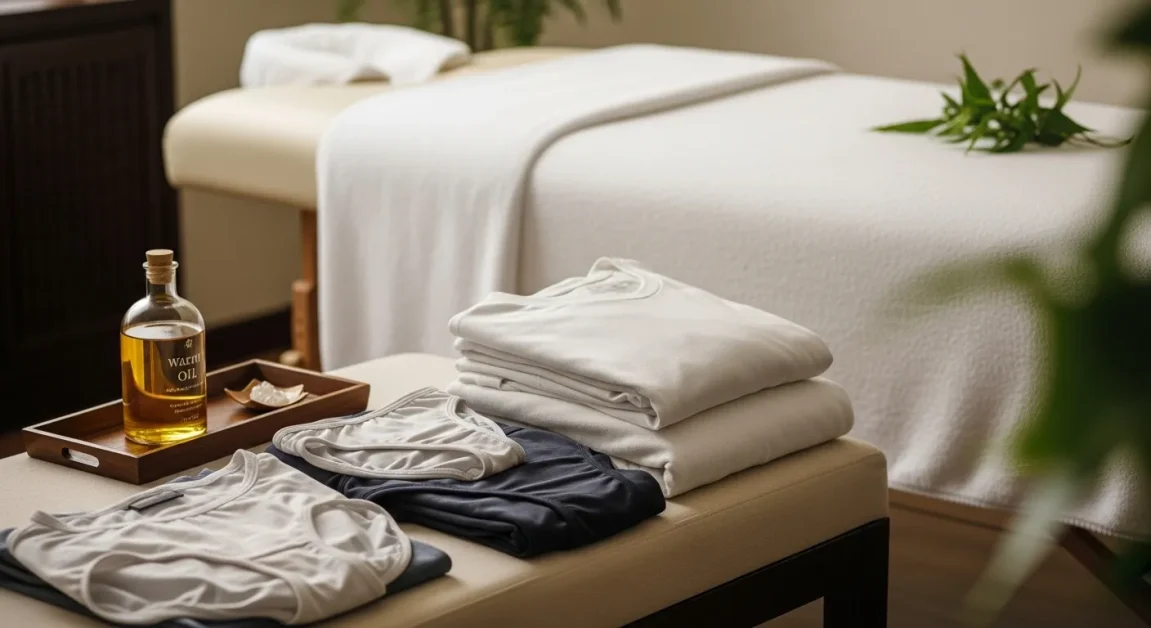 Clothing options for a Lomi Lomi massage on a bench next to a spa table with warm lighting and folded underwear, swimsuit bottoms, and loose clothes.