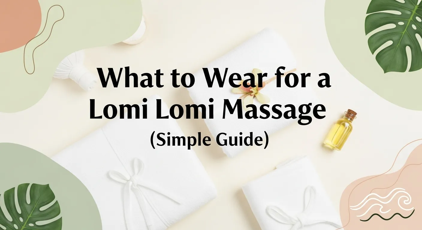 Thumbnail with the title “What to Wear for a Lomi Lomi Massage (Simple Guide)” on a soft spa-themed background with clothing and oil accents.