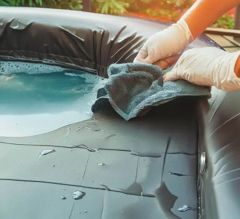 A man cleaning a filled hot tub with a vinyl cover using a soft cloth