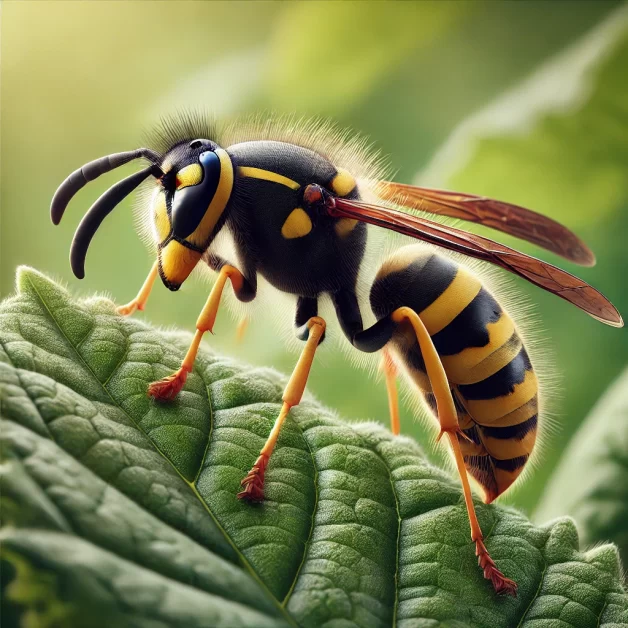 A close-up of a wasp perched on a leaf, showcasing its black and yellow segmented body, slender wings, and antennae.