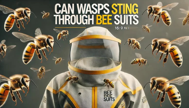 A close-up of a bee suit with 3 to 4 wasps flying around, accompanied by the text "Can Wasps Sting Through Bee Suits.