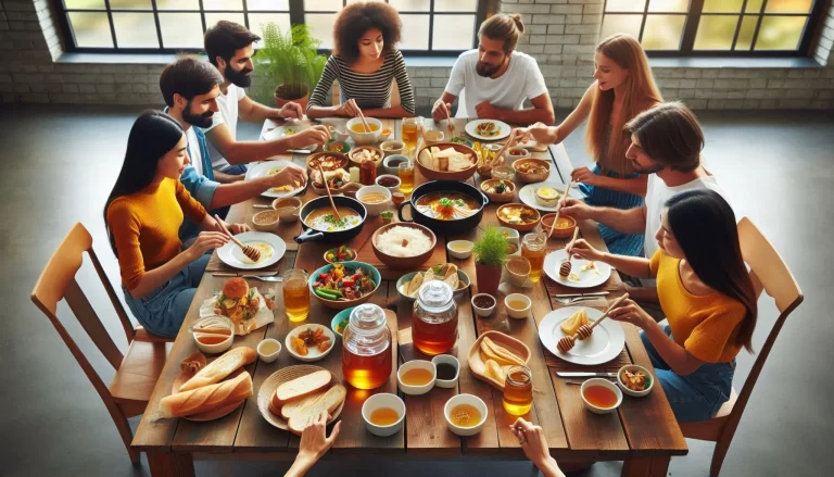 A group of individuals with obscured faces seated around a dining table filled with various dishes, engaging in a communal meal.