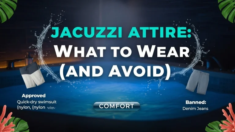 bold teal text 'Jacuzzi Attire: What to Wear (and Avoid)' over a luxury jacuzzi. Shows approved swimwear vs. banned items like jeans, with steam and water effects.