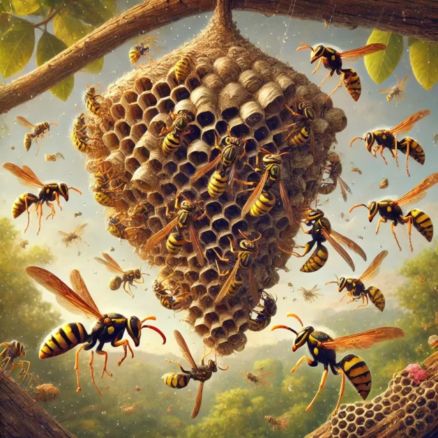 A colony of social wasps building an umbrella-shaped nest from paper-like material on a tree branch, with some wasps flying nearby.