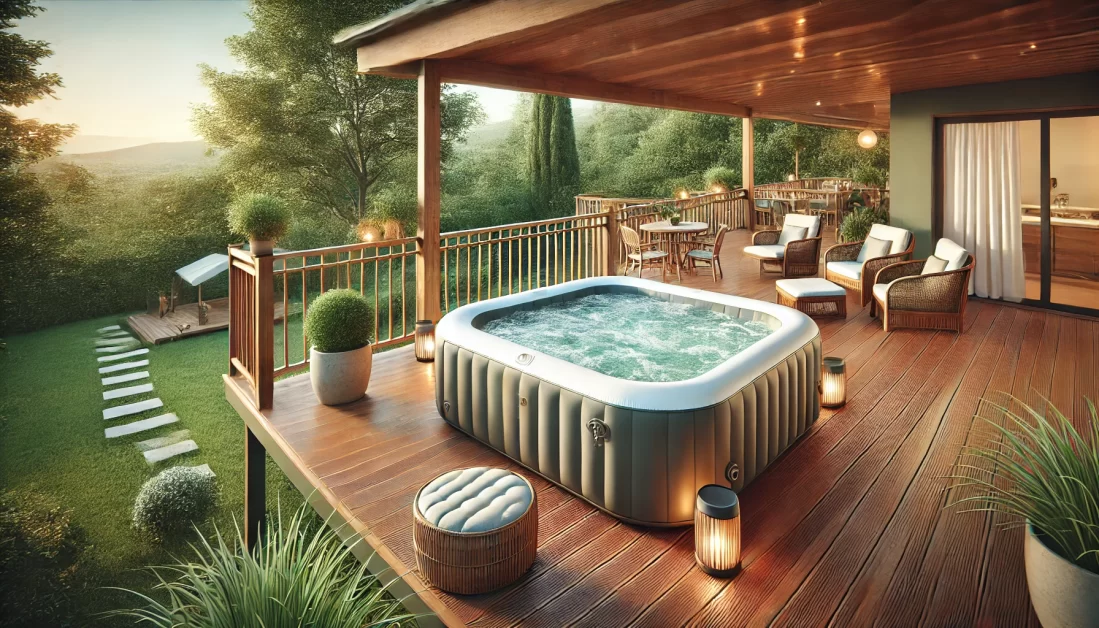 Inflatable hot tub on a wooden deck with a backyard view, surrounded by chairs and plants, showing a safe and reinforced setup.