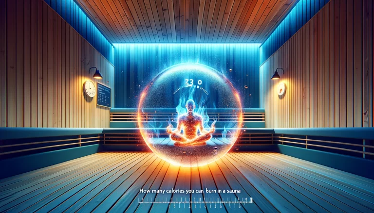 A digital sauna environment with a person sitting peacefully surrounded by visual metaphors indicating calorie burn, such as flames and sweat droplets.