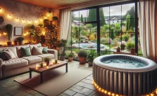 A cozy and well-lit living room with a modern decor featuring a large inflatable hot tub, comfortable sofas, a coffee table, and multiple potted plants. The room is adorned with string lights and candles, creating a warm ambiance. Large windows offer a view of an outdoor pool and greenery.