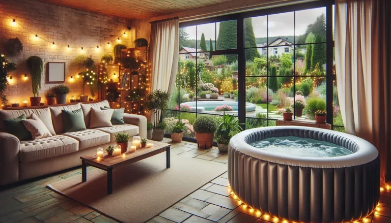 A cozy and well-lit living room with a modern decor featuring a large inflatable hot tub, comfortable sofas, a coffee table, and multiple potted plants. The room is adorned with string lights and candles, creating a warm ambiance. Large windows offer a view of an outdoor pool and greenery.