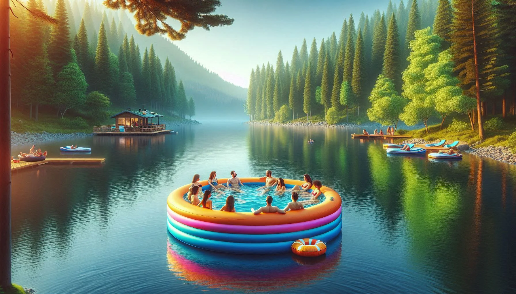 A serene lake scene with a large, colorful inflatable pool floating on the water. Inside the pool, several individuals are seated casually. The lake is flanked by dense forests, and a small houseboat is visible to the left. Rowboats are docked along the shore to the right, under the soft glow of sunrise or sunset.