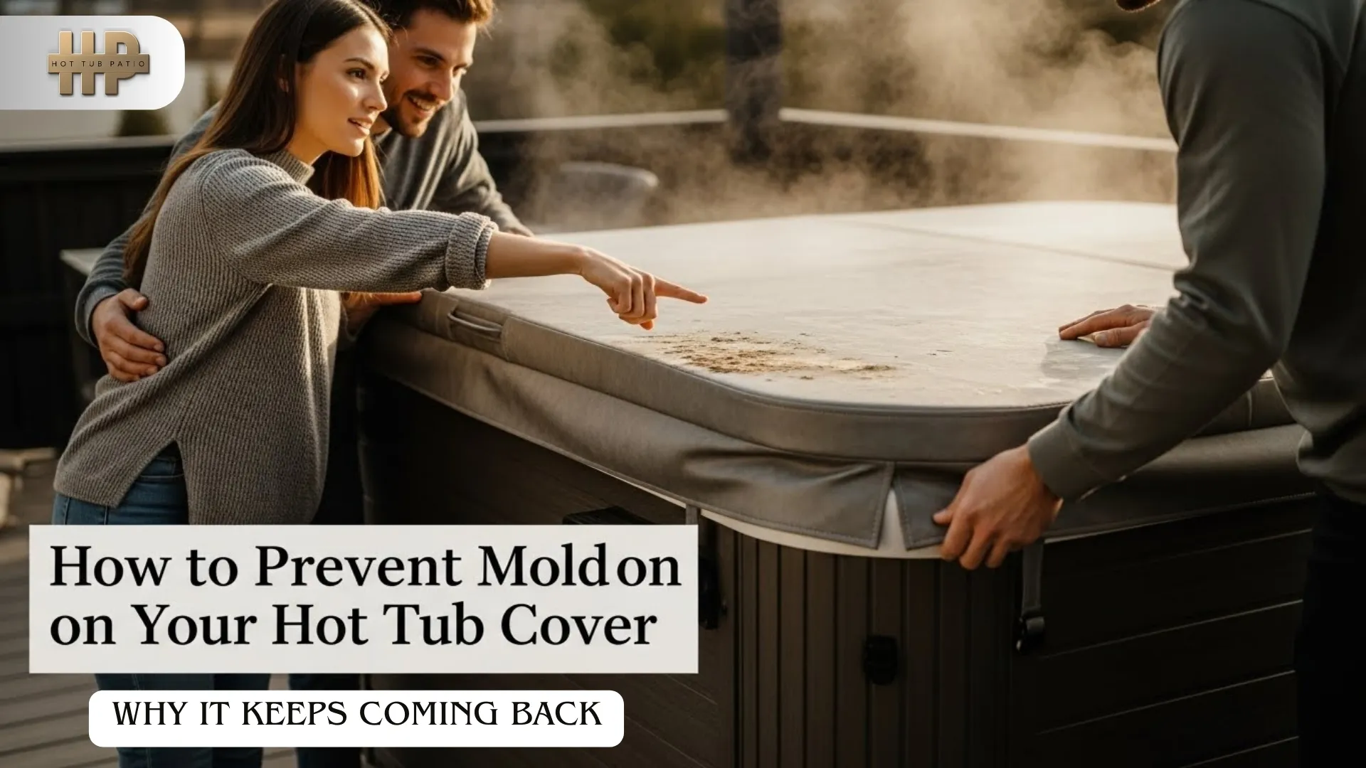 Couple inspecting a hot tub cover on their backyard patio, checking for moisture and early signs of mold during a warm golden-hour scene.