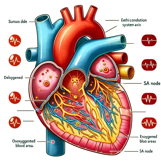 illustration of the human heart highlighting the electrical conduction system, including the Sinus (SA) node.