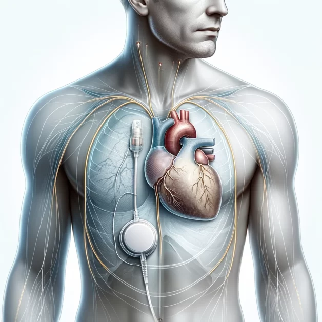 illustration you requested, showing a man with a pacemaker on the left side of his chest, opposite the heart.