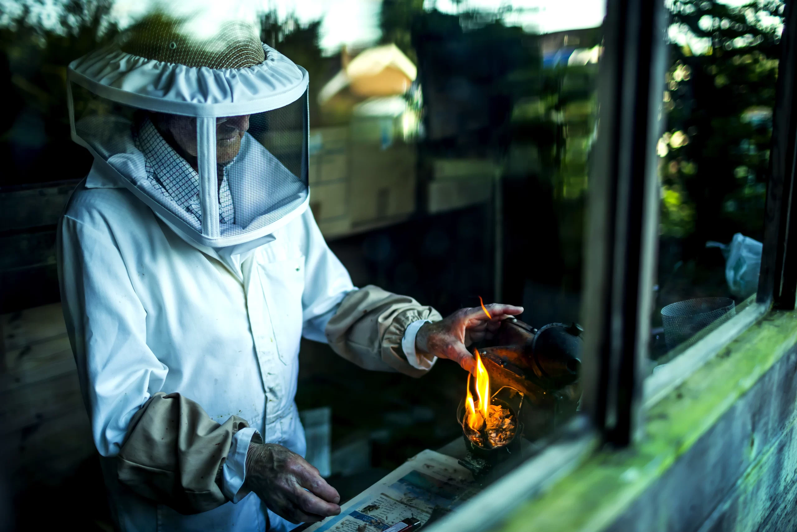 A person in a beekeeper suit with a protective veil is holding a smoker, which is emitting smoke, while standing next to a beehive. The scene is captured through a window, reflecting the surrounding greenery and structures.