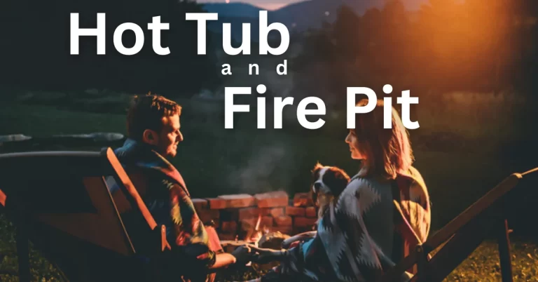 Young couple taking fire pit after hot tub with her dog