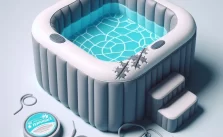 A inflatable hot tub on deck with blue water and accessories