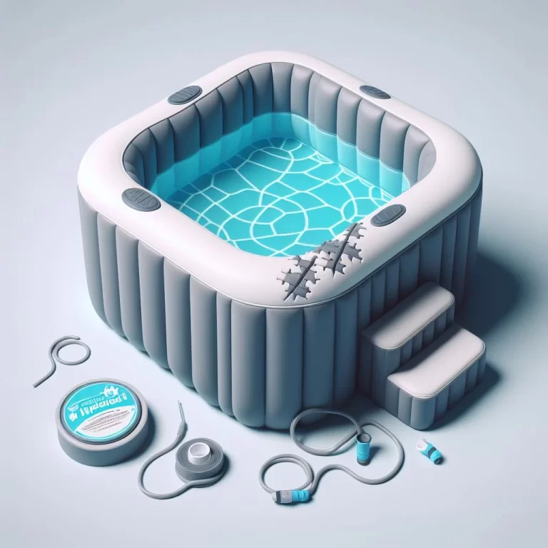 A inflatable hot tub on deck with blue water and accessories