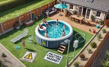 Inflatable hot tub in a backyard with safety hazards like an electrical cord near water and a child standing on the edge. Overlay text: 'Are Inflatable Hot Tubs a Safety Hazard?