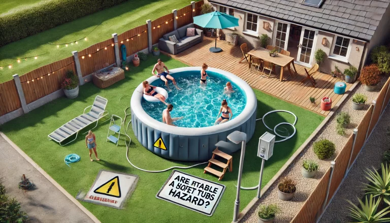 Inflatable hot tub in a backyard with safety hazards like an electrical cord near water and a child standing on the edge. Overlay text: 'Are Inflatable Hot Tubs a Safety Hazard?