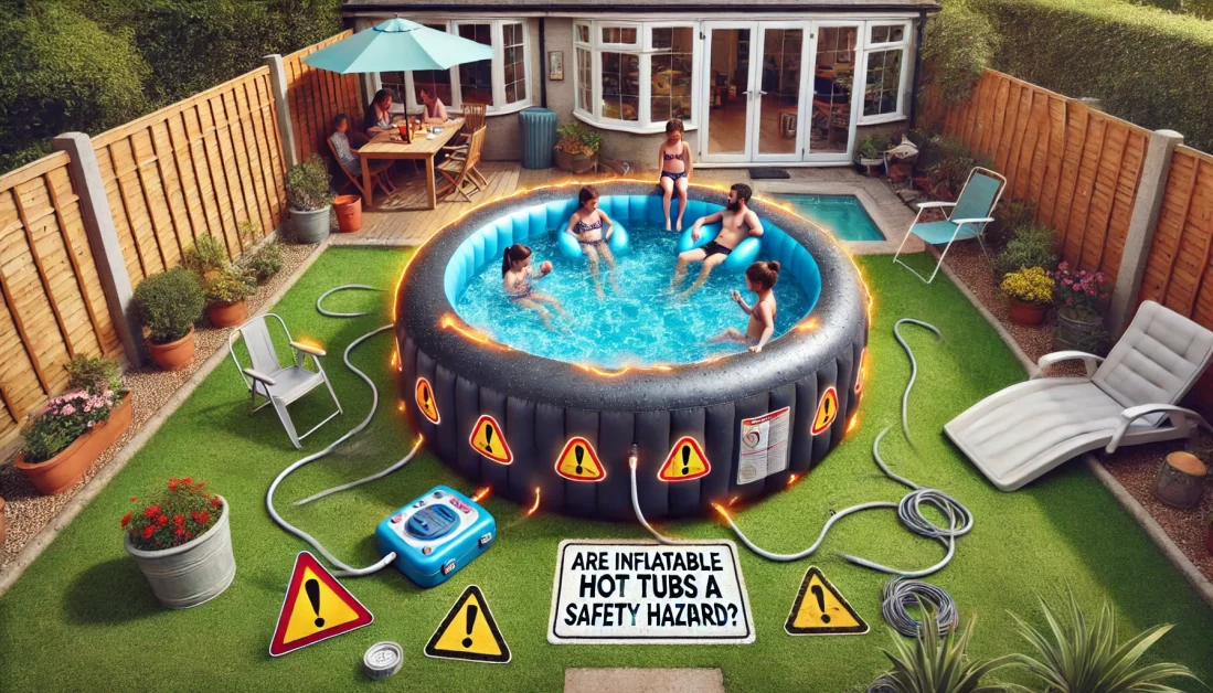 Inflatable hot tub in a backyard with safety hazards like an electrical cord near water and a child reaching into the tub. Overlay text: 'Are Inflatable Hot Tubs a Safety Hazard?