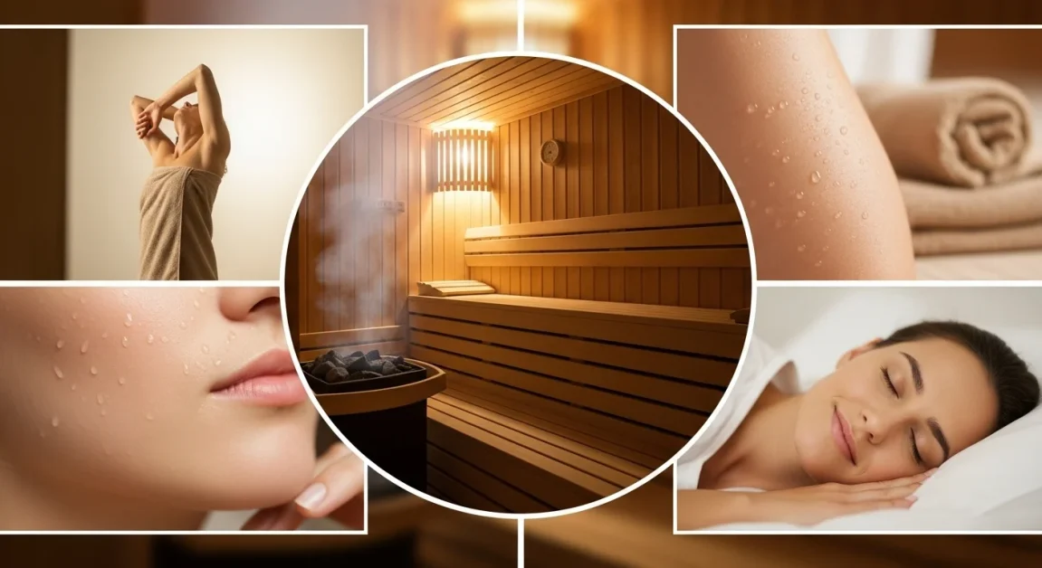 Collage of sauna benefits showing improved circulation, relaxed muscles, glowing skin, and peaceful sleep.