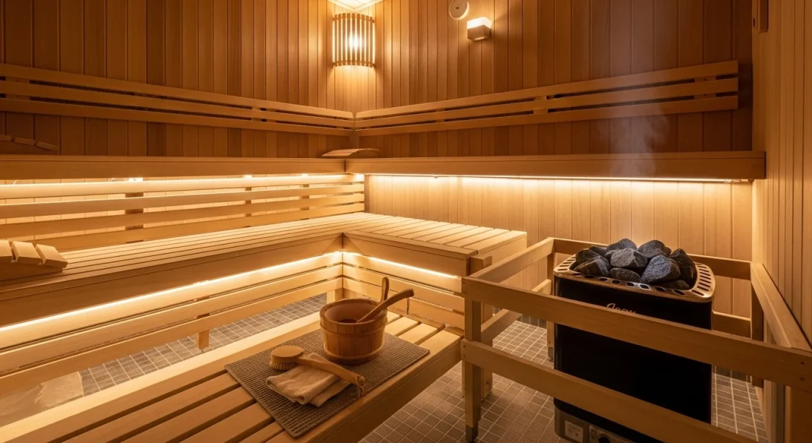 Home sauna with wooden benches, heater, and proper setup for safe use.
