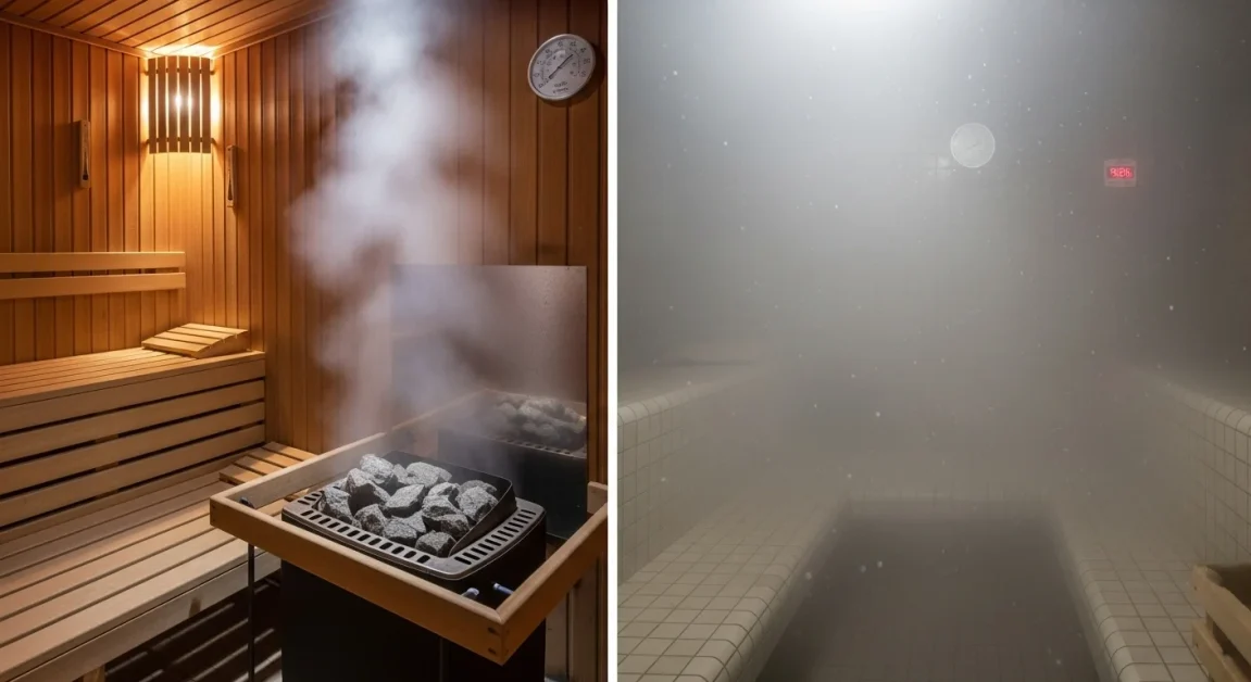 Side-by-side view of a dry sauna and a steam room showing their different environments.