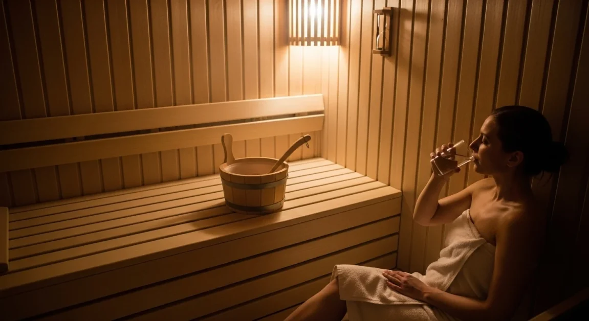 A woman with towel and water bottle preparing to enter a wooden sauna with warm lighting.