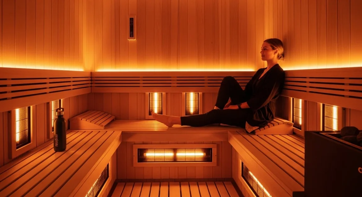 Modern infrared sauna with wooden benches, glowing panels, and a safe, relaxing vibe.