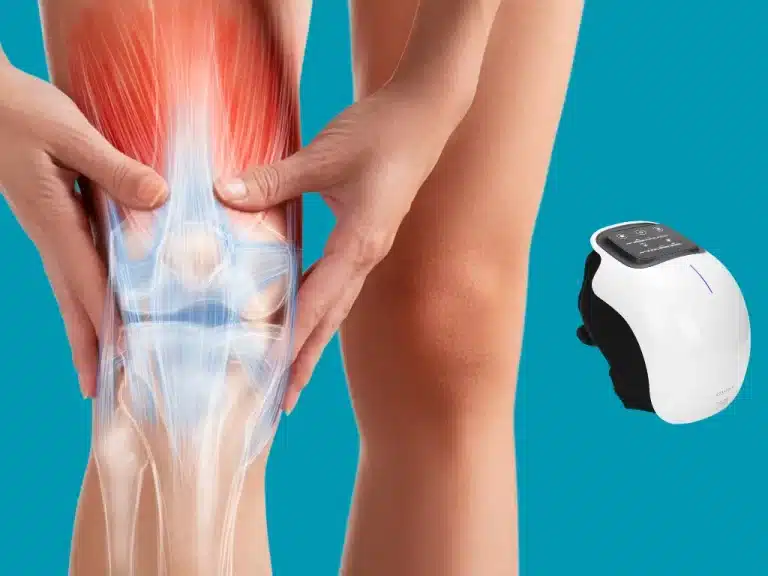 Man demonstrating knee joint with a massager. (Nooro Knee Massager Reviews)