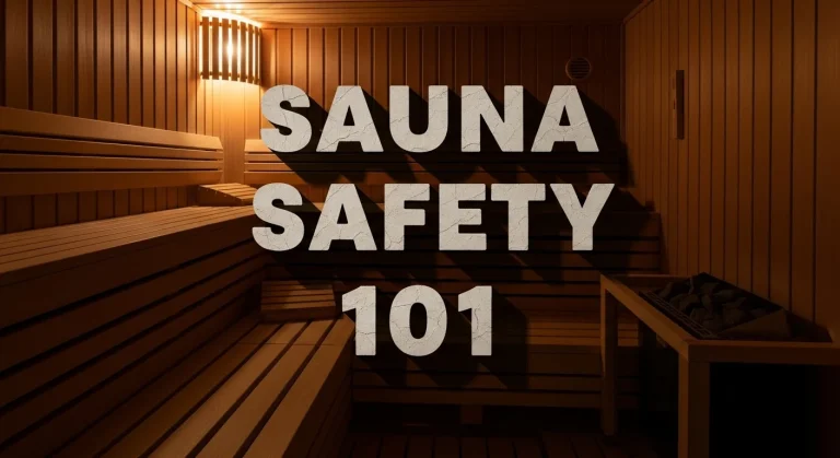 Cozy wooden sauna with warm lighting, steam rising, person sitting on a bench with a towel, showing safe sauna use