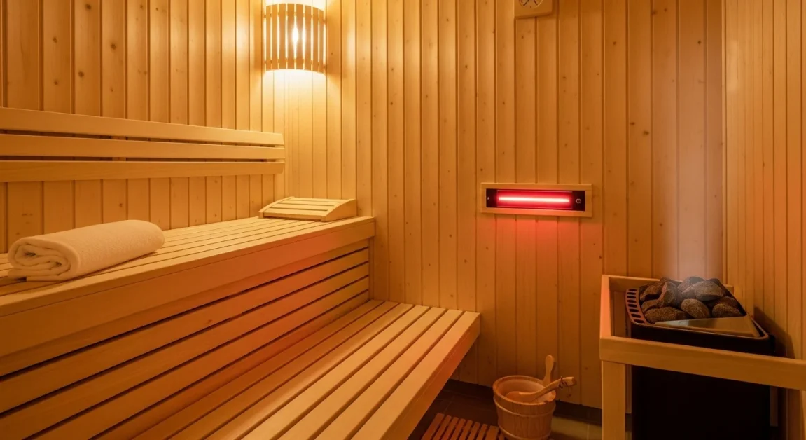 Cozy sauna with wooden benches, steam from rocks, and warm lighting for a safe, relaxing experience.