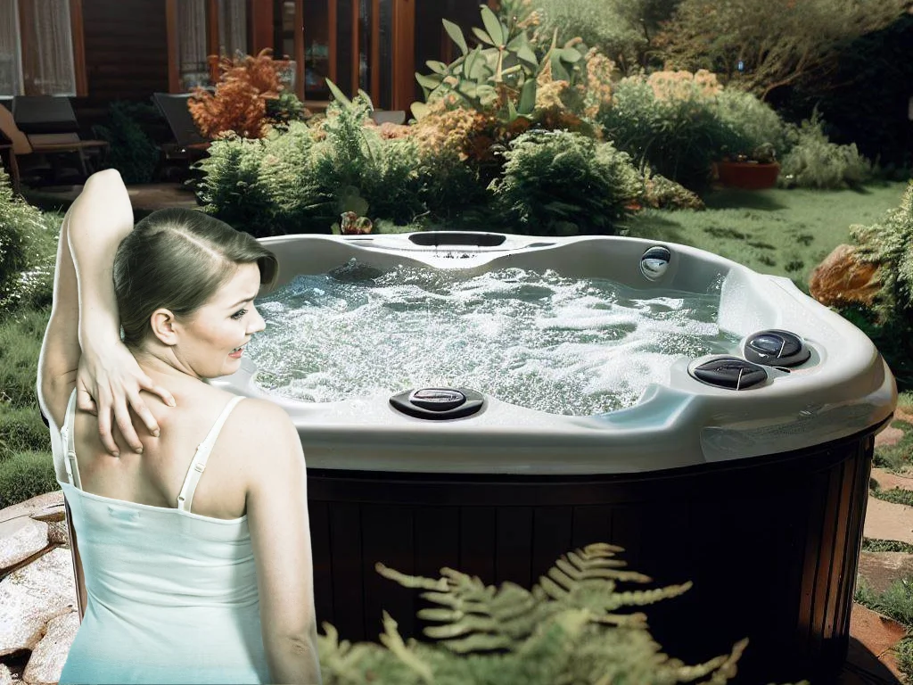 Young woman soothing itchy skin on her back after using a hot tub. (Tips for a Hot Tub Without Itchiness)