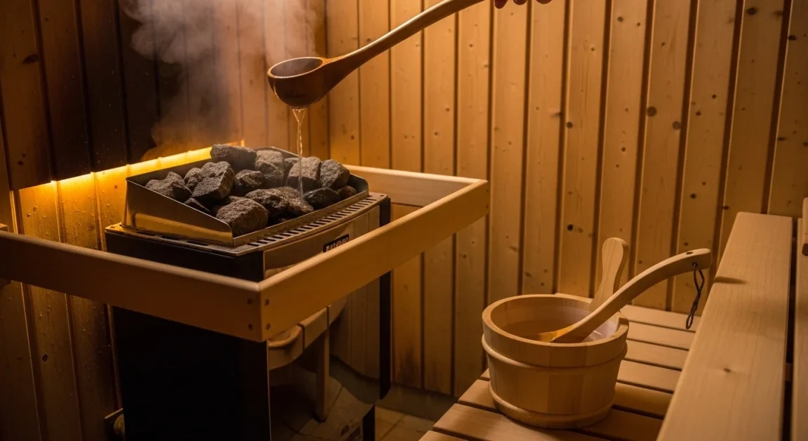 Water being poured from a wooden ladle onto hot sauna rocks to create steam.