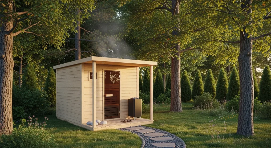 A wooden outdoor sauna in a peaceful backyard setting surrounded by trees.
