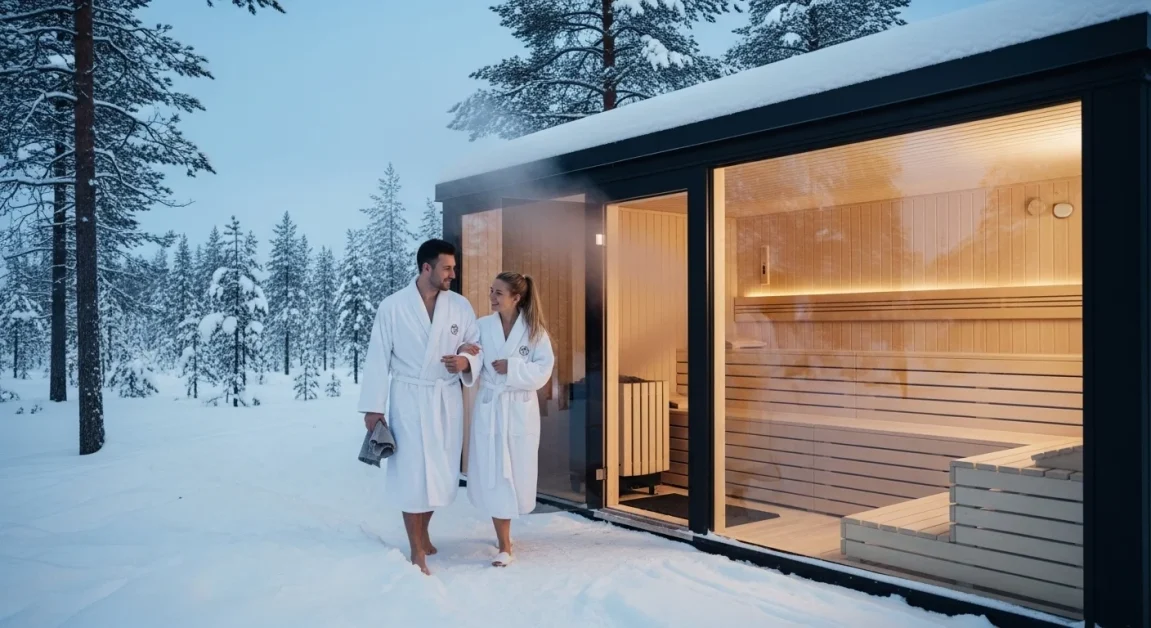 young couple with white robe near a modern sauna surrounding with snow.