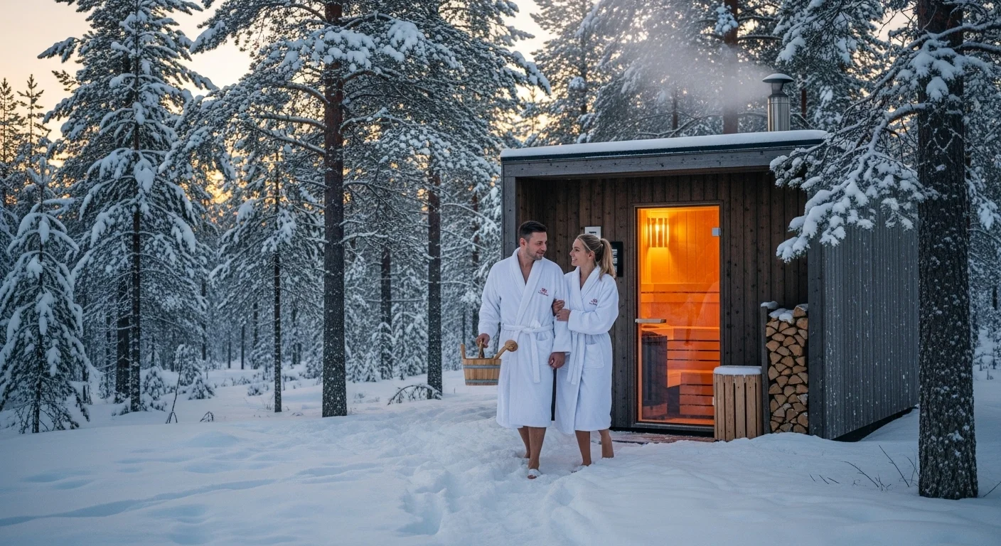 couple wearing white robe going to use a sauna.