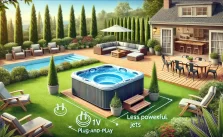 A wide backyard with a 110v hot tub on a wooden deck, showing a simple plug-and-play design with less powerful jets, surrounded by greenery, patio furniture, and soft outdoor lighting.