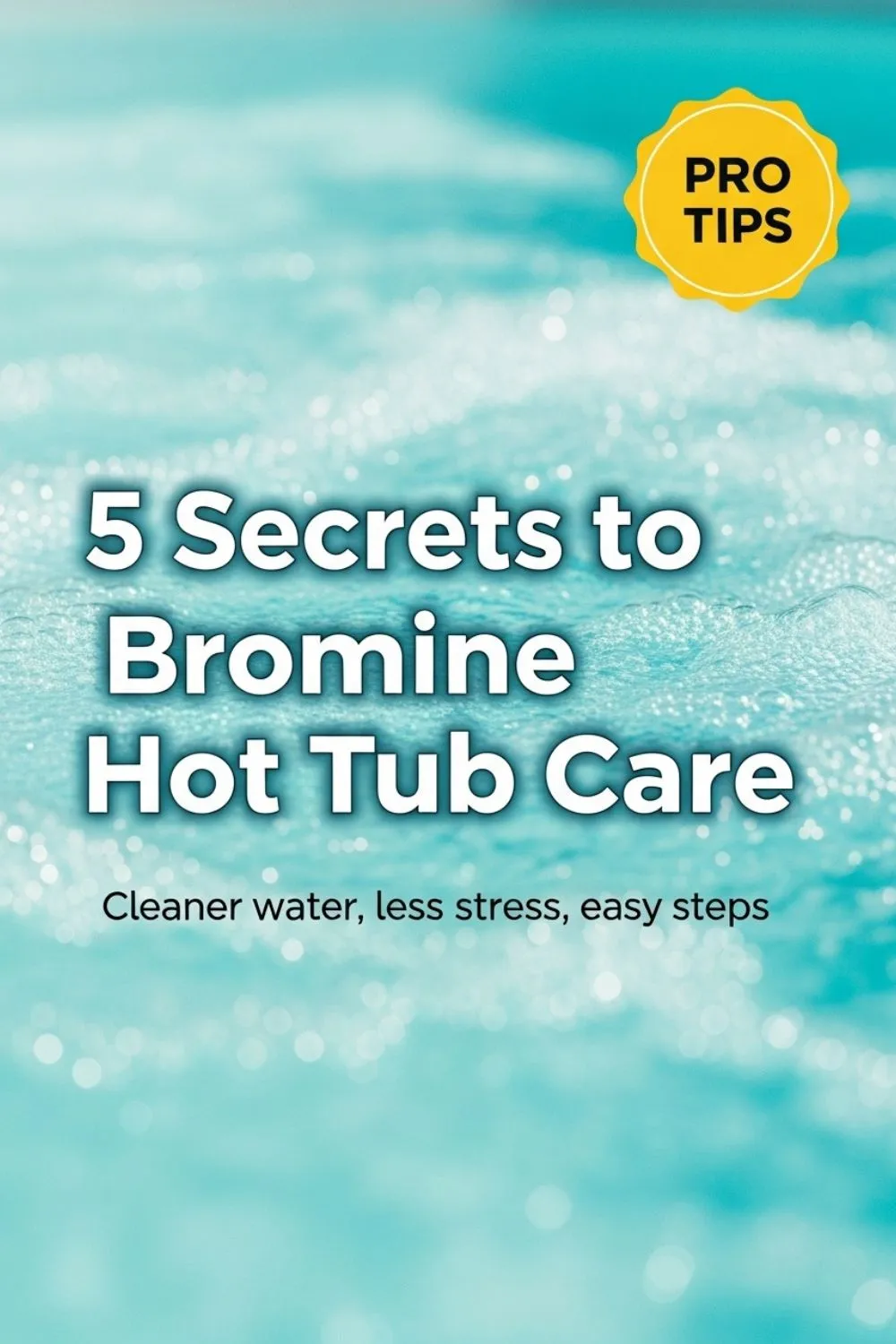 A banner text “5 Secrets to Bromine Hot Tub Care” over clear spa water, bright colors