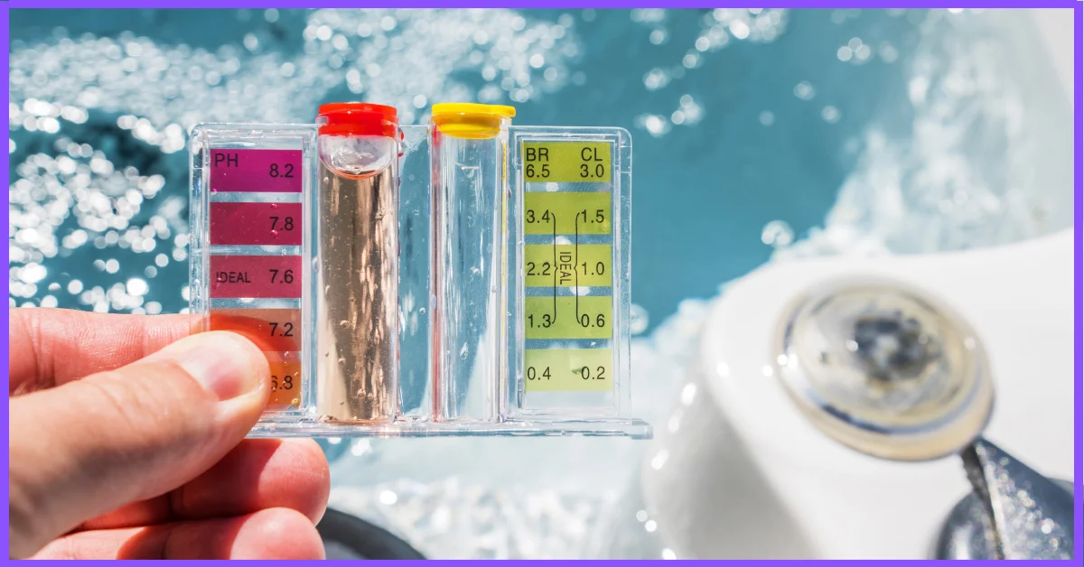 A hand holding a water testing kit with three test tubes in front of a swimming pool.