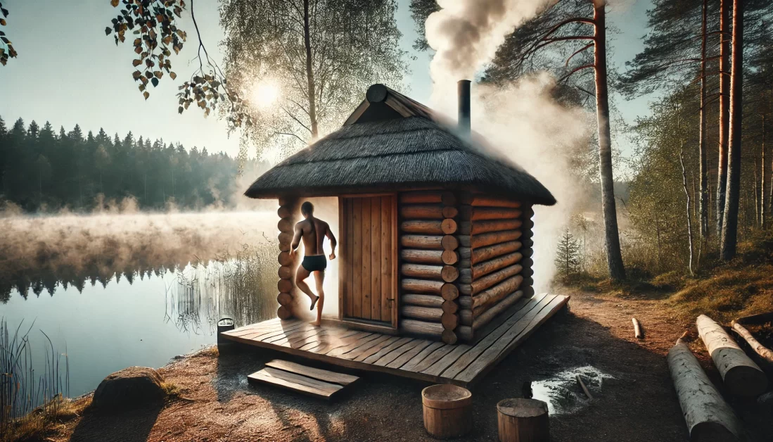 A rustic outdoor sauna by a serene lake, with a person stepping out into the cool air, steam billowing around them. The sauna is constructed from natural logs and has a thatched roof. The tranquil lake reflects the early morning light, creating a peaceful and picturesque scene.