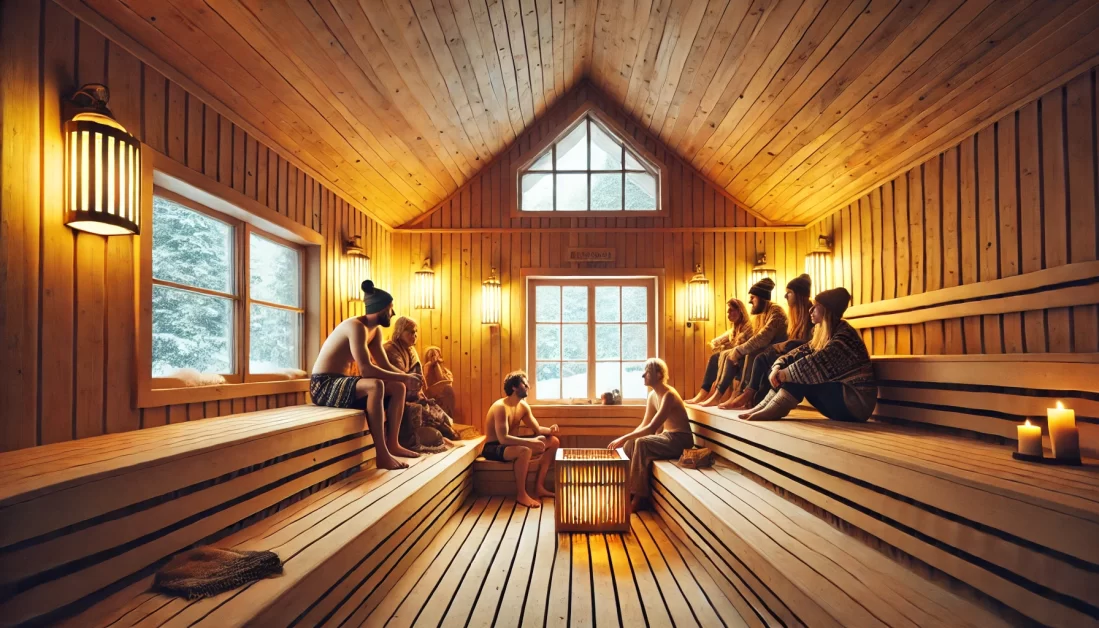 A traditional Finnish sauna surrounded by wooden walls and benches, occupied by a group of friends enjoying the heat. A large window reveals a snowy landscape outside, while soft yellow lighting creates a cozy ambiance inside.